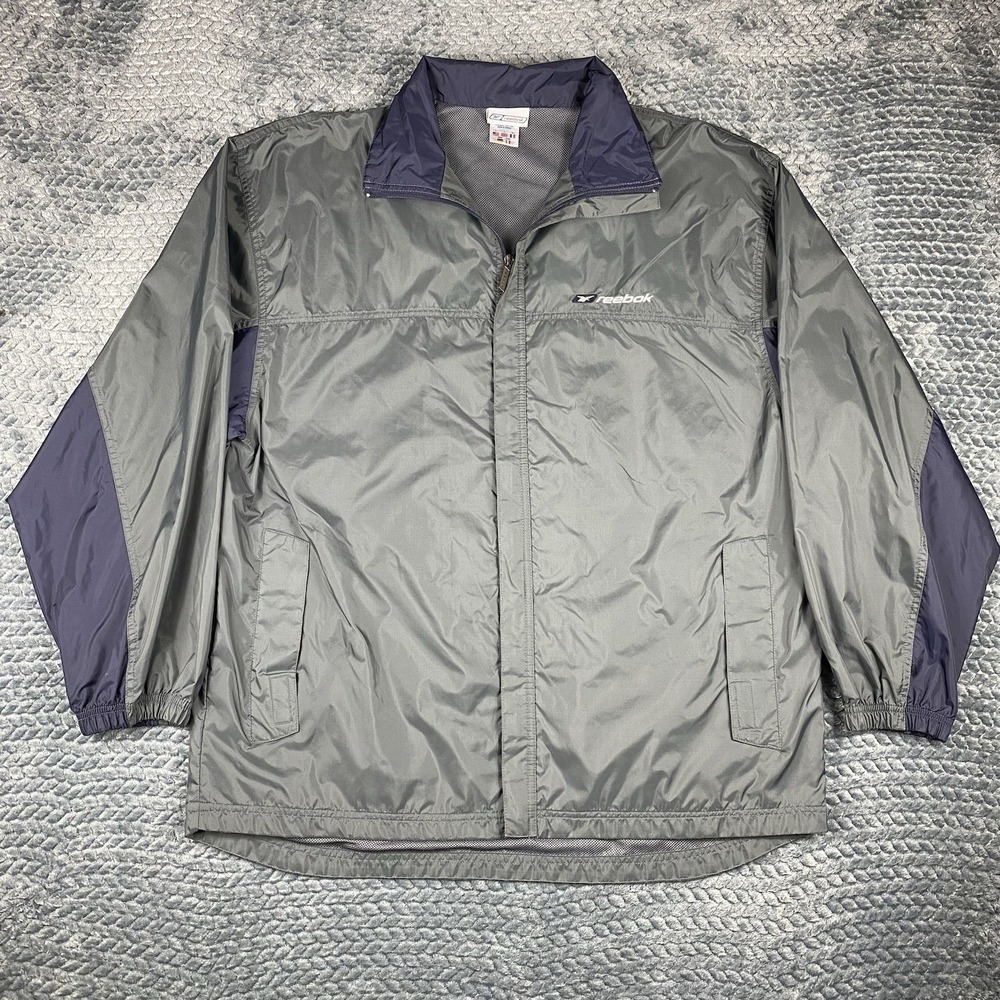 Reebok VTG Windbreaker Men L Track Jacket Full Zip Blue Gray Y2K Spellout Retro